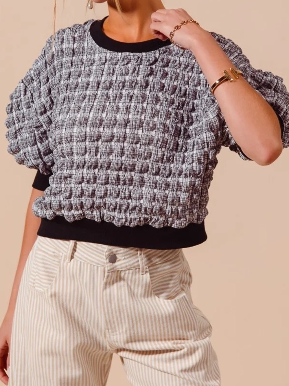 Maeve Anthropologie Bubble Textured Top Black White | Size Large